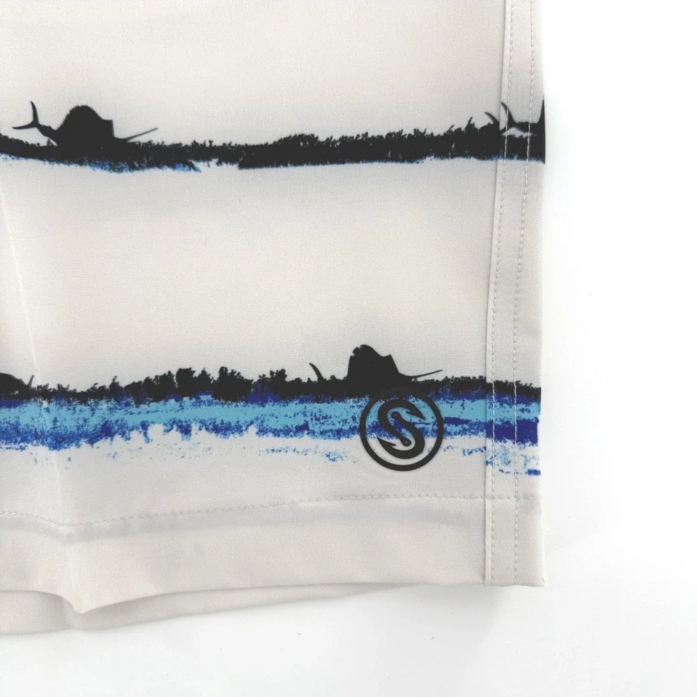 Scales White with Black/Blue Marlin Stripe Performance Fishing Shorts Mens40